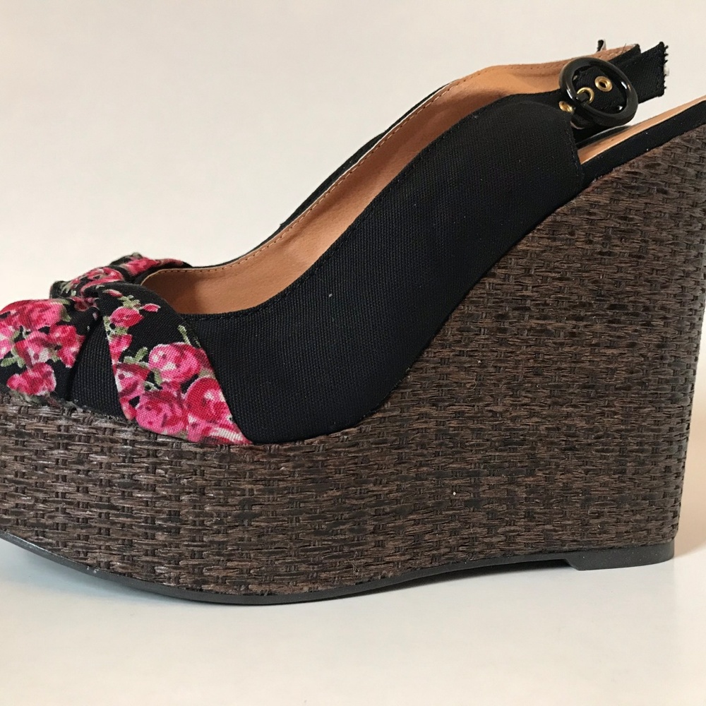 NWOB Qupid Black Canvas Bow Slingback Wedge - Picture 3 of 8